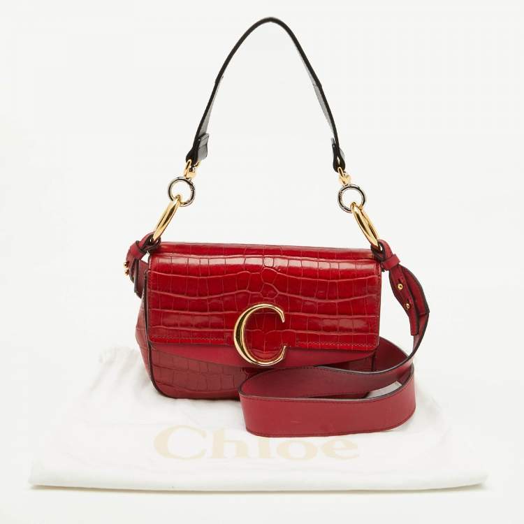 Pre Owned Chloe Red Croc Embossed Leather C Mini Top Handle Bag