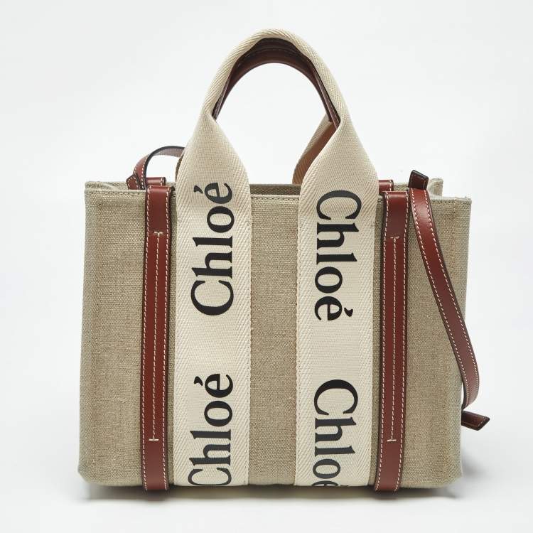Pre Owned Chloe Brown/Beige Canvas and Leather Small Woody Tote
