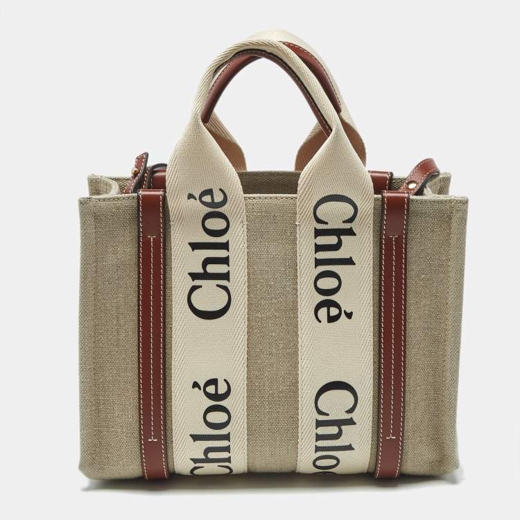 Pre Owned Chloe Brown/Beige Canvas and Leather Small Woody Tote