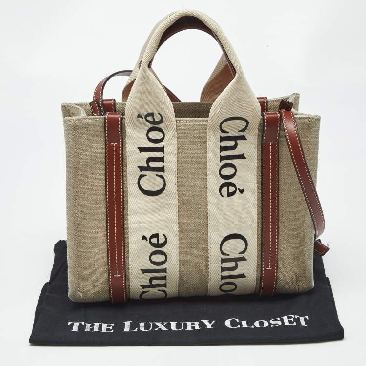 Pre Owned Chloe Brown/Beige Canvas and Leather Small Woody Tote