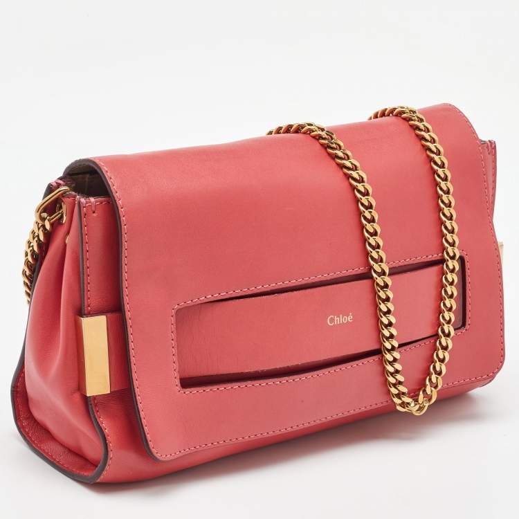 Pre Owned Chloe Peach Pink Leather Elle Flap Chain Clutch