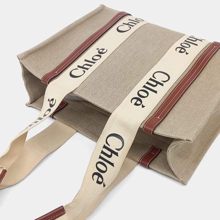 Pre Owned Chloe Beige Linen Woody Bag Medium