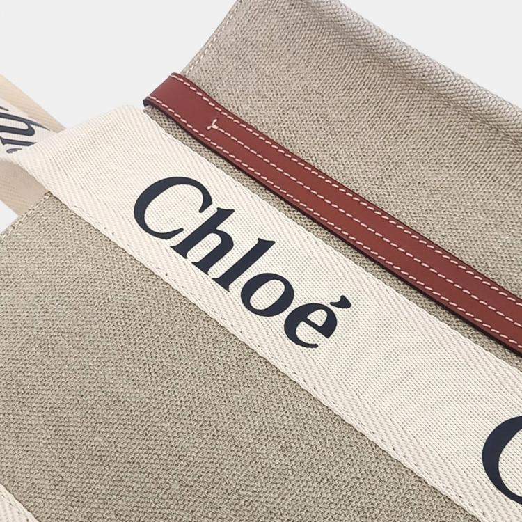 Pre Owned Chloe Beige Linen Woody Bag Medium