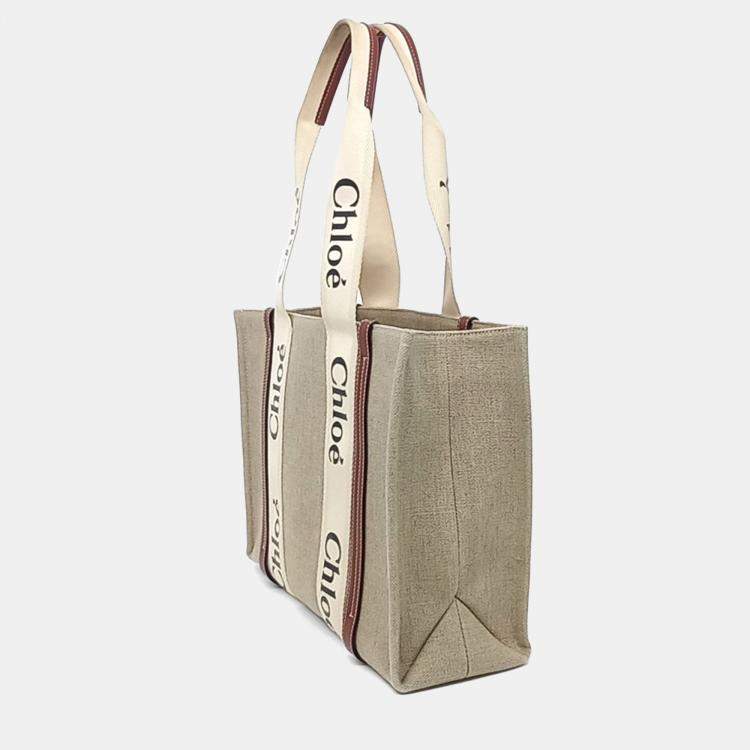 Pre Owned Chloe Beige Linen Woody Bag Medium