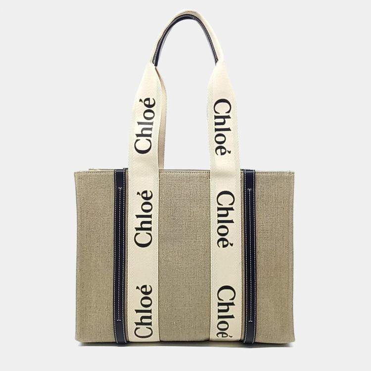 Pre Owned Chloé Beige/Black Fabric Medium Woody Tote