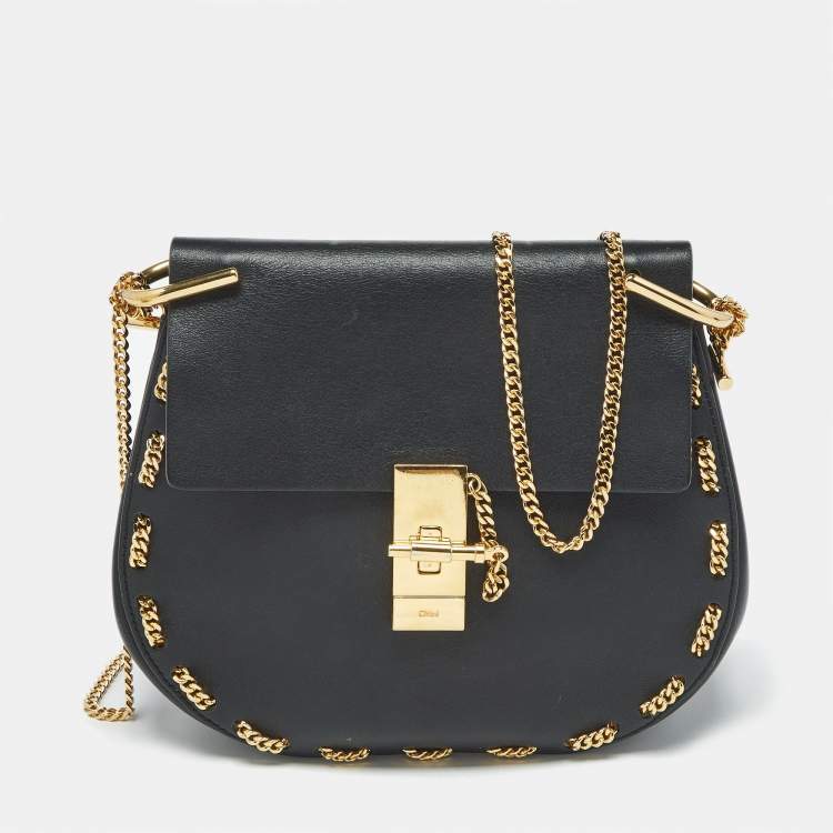 Pre Owned Chloe Black Leather Medium Chain Around Drew Shoulder Bag