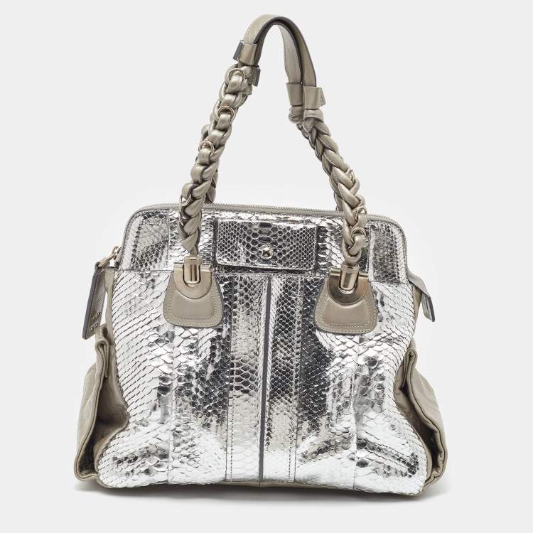 Pre Owned Chloe Metallic Silver/Grey Python and Leather Heloise Satchel