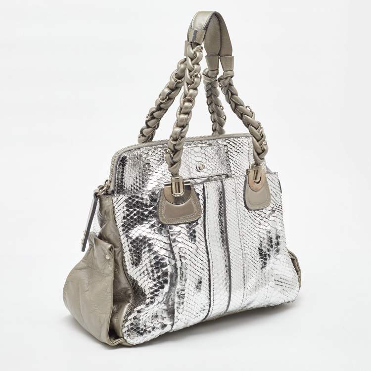 Pre Owned Chloe Metallic Silver/Grey Python and Leather Heloise Satchel