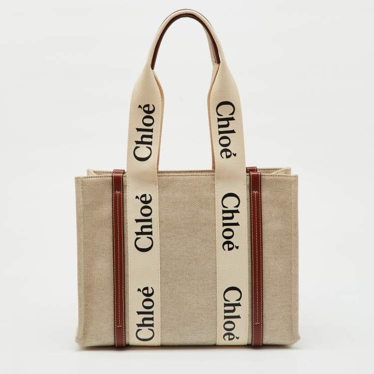 Pre Owned Chloe Beige/Brown Canvas and Leather Medium Woody Tote