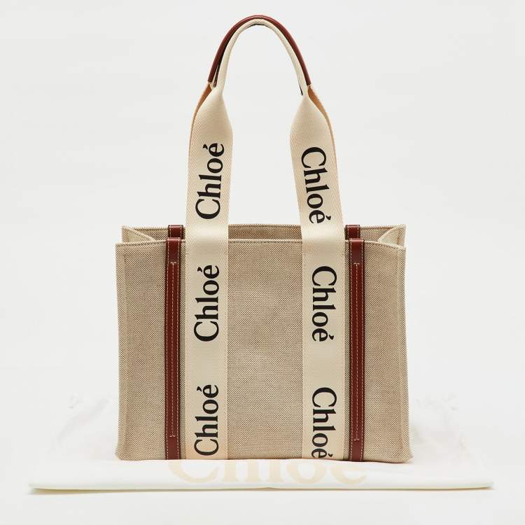 Pre Owned Chloe Beige/Brown Canvas and Leather Medium Woody Tote
