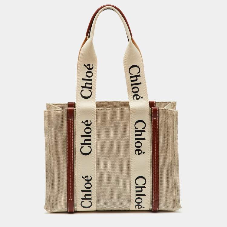 Pre Owned Chloe Beige/Brown Canvas and Leather Medium Woody Tote
