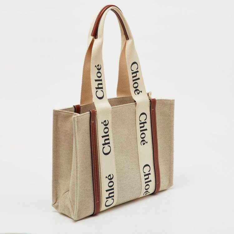 Pre Owned Chloe Beige/Brown Canvas and Leather Medium Woody Tote