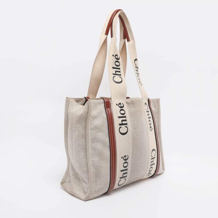 Pre Owned Chloe Beige/Brown Canvas and Leather Medium Woody Tote
