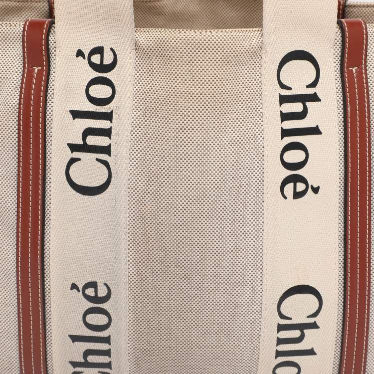 Pre Owned Chloe Beige/Brown Canvas and Leather Medium Woody Tote
