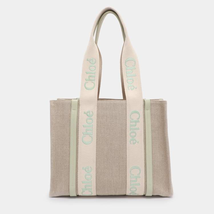 Pre Owned Chloé Beige/Light Eucalyptus Canvas and Leather Medium Woody Tote