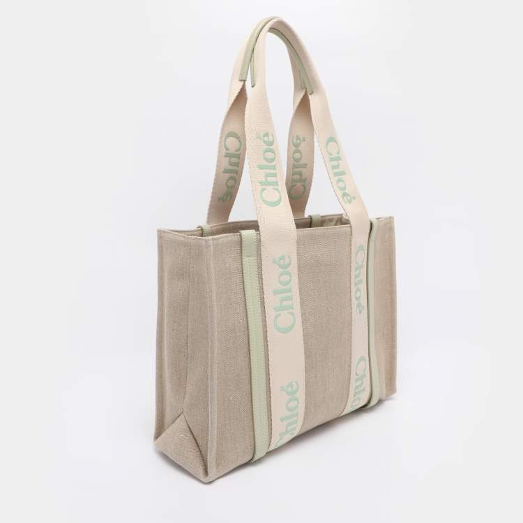 Pre Owned Chloé Beige/Light Eucalyptus Canvas and Leather Medium Woody Tote
