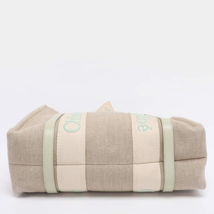 Pre Owned Chloé Beige/Light Eucalyptus Canvas and Leather Medium Woody Tote