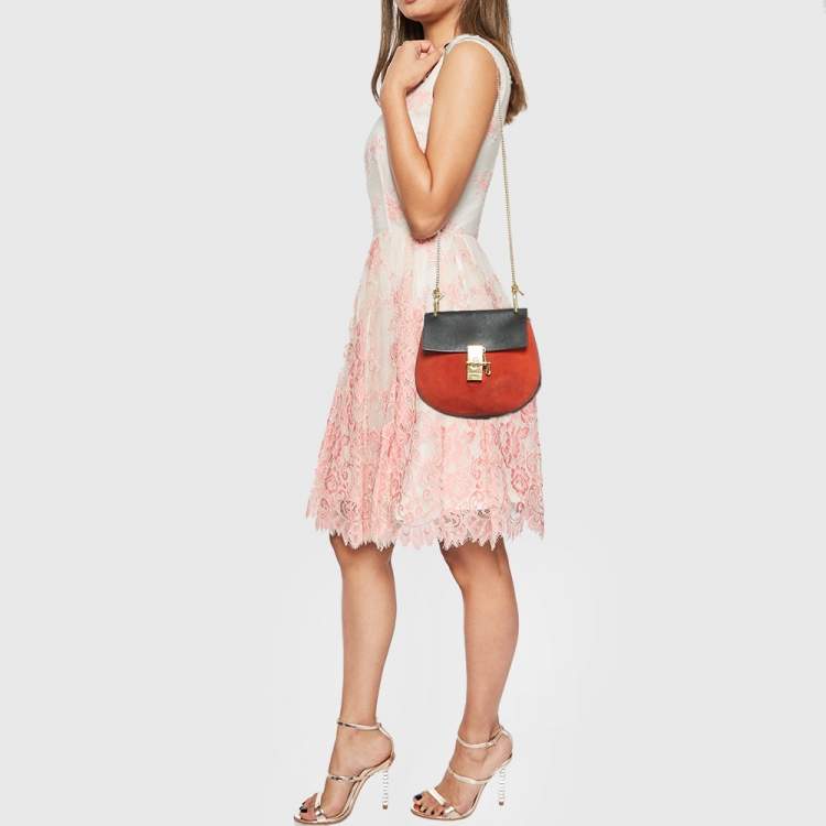 Pre Owned Chloe Black/Orange Leather and Suede Medium Drew Shoulder Bag