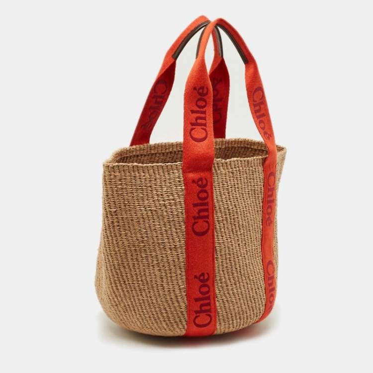 Pre Owned Chloe Beige/Orange Woven Raffia and Canvas Woody Basket Bag