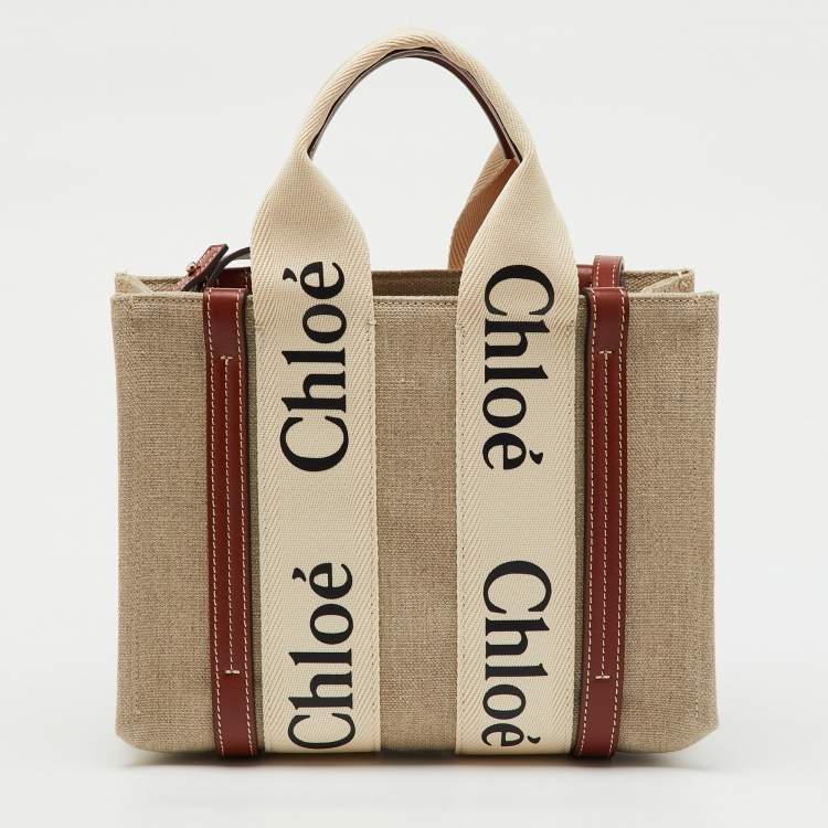 Pre Owned Chloé Beige/Brown Canvas and Leather Small Woody Tote