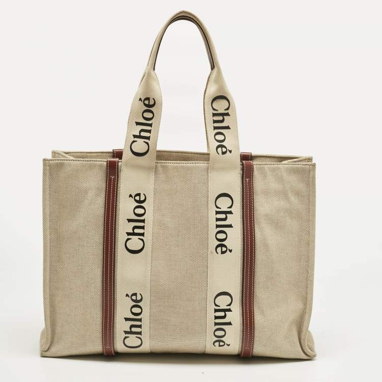 Pre Owned Chloe Beige/Brown Canvas and Leather Large Woody Tote