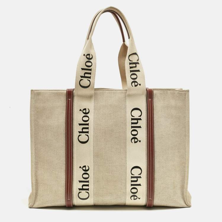 Pre Owned Chloe Beige/Brown Canvas and Leather Large Woody Tote