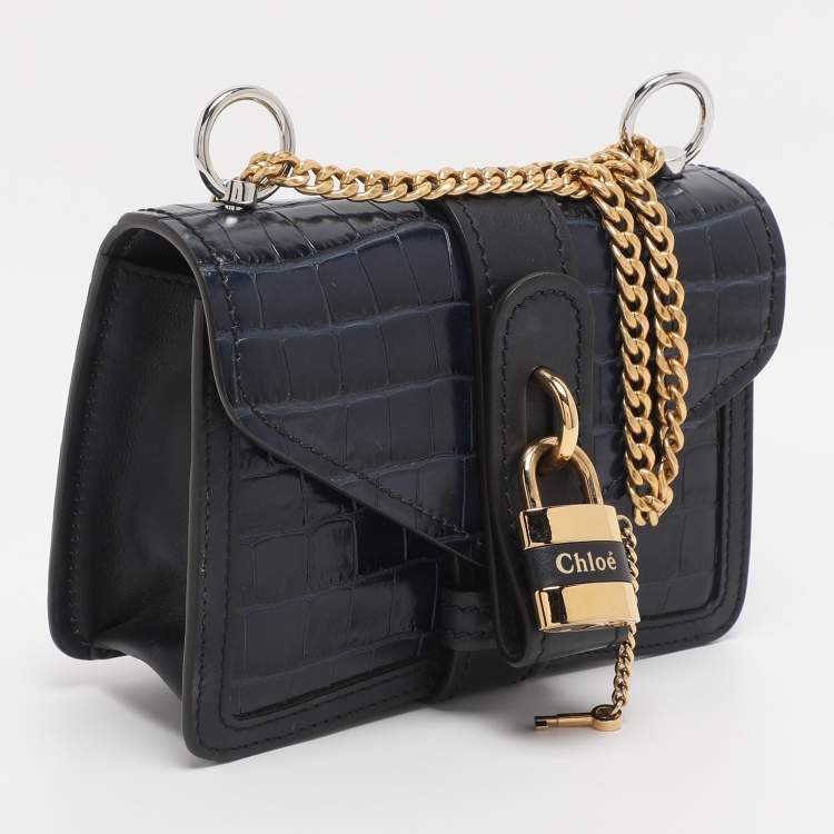 Pre Owned Chloé Navy Blue Croc Embossed Leather Mini Aby Shoulder Bag