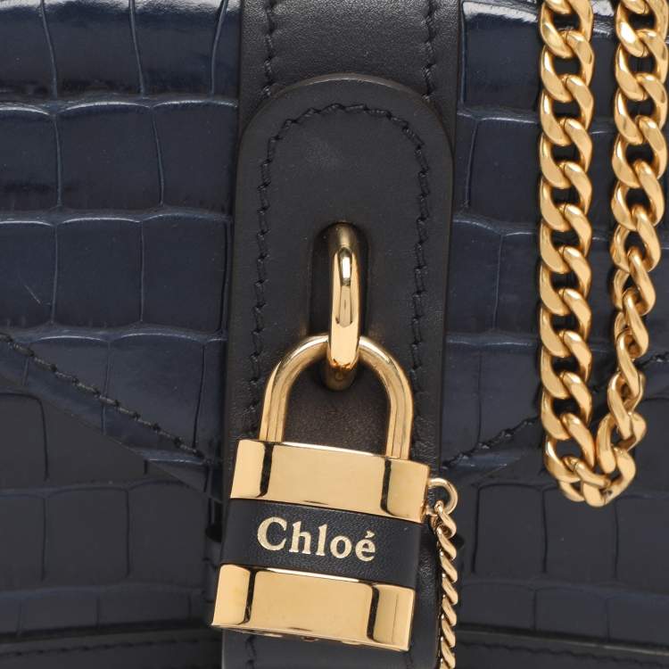 Pre Owned Chloé Navy Blue Croc Embossed Leather Mini Aby Shoulder Bag