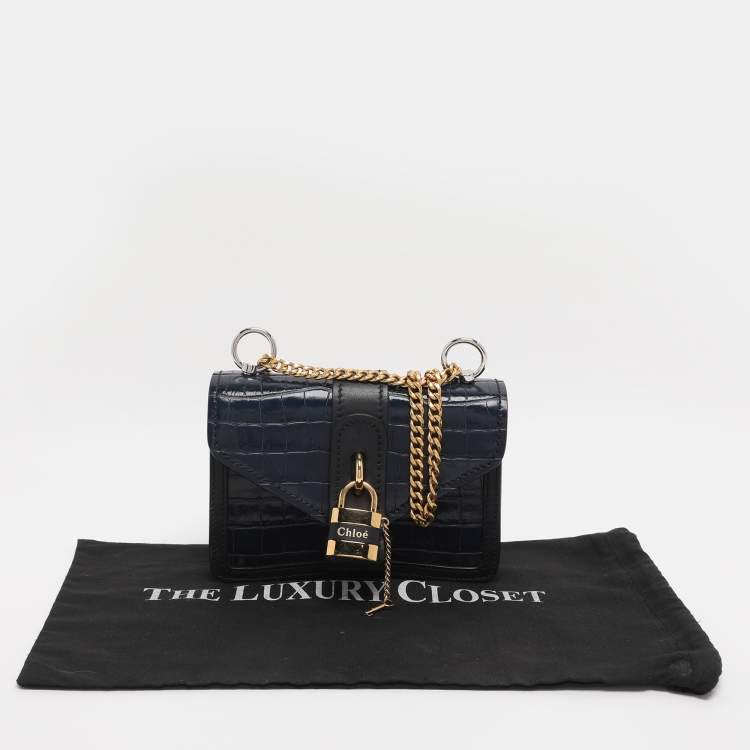 Pre Owned Chloé Navy Blue Croc Embossed Leather Mini Aby Shoulder Bag