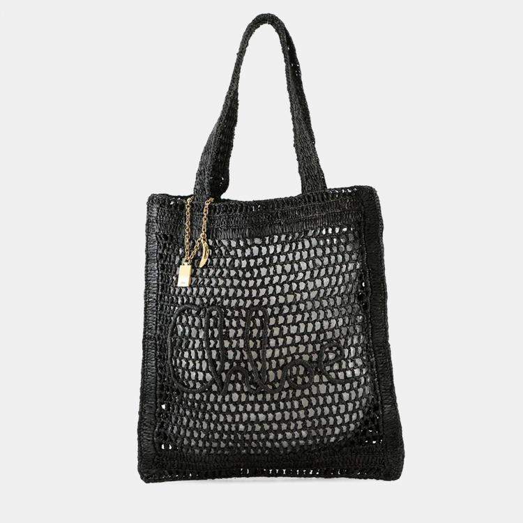 Pre Owned Chloe Summer Banana Tote Bag Black Raffia