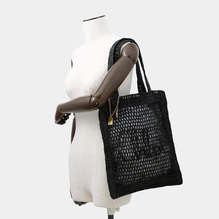 Pre Owned Chloe Summer Banana Tote Bag Black Raffia