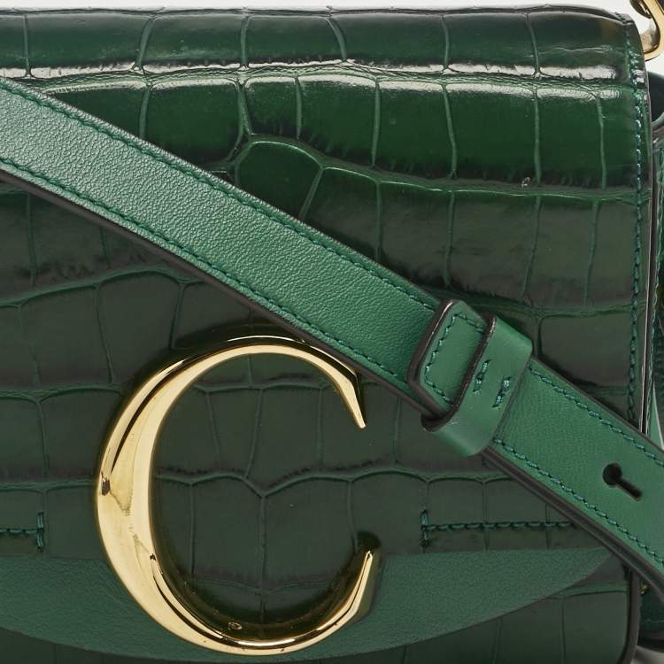 Pre Owned Chloe Green Croc Embossed Leather C Mini Crossbody Bag