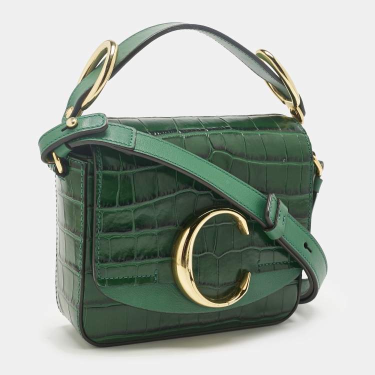 Pre Owned Chloe Green Croc Embossed Leather C Mini Crossbody Bag