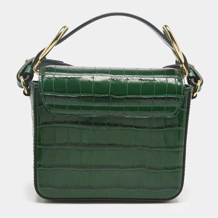 Pre Owned Chloe Green Croc Embossed Leather C Mini Crossbody Bag