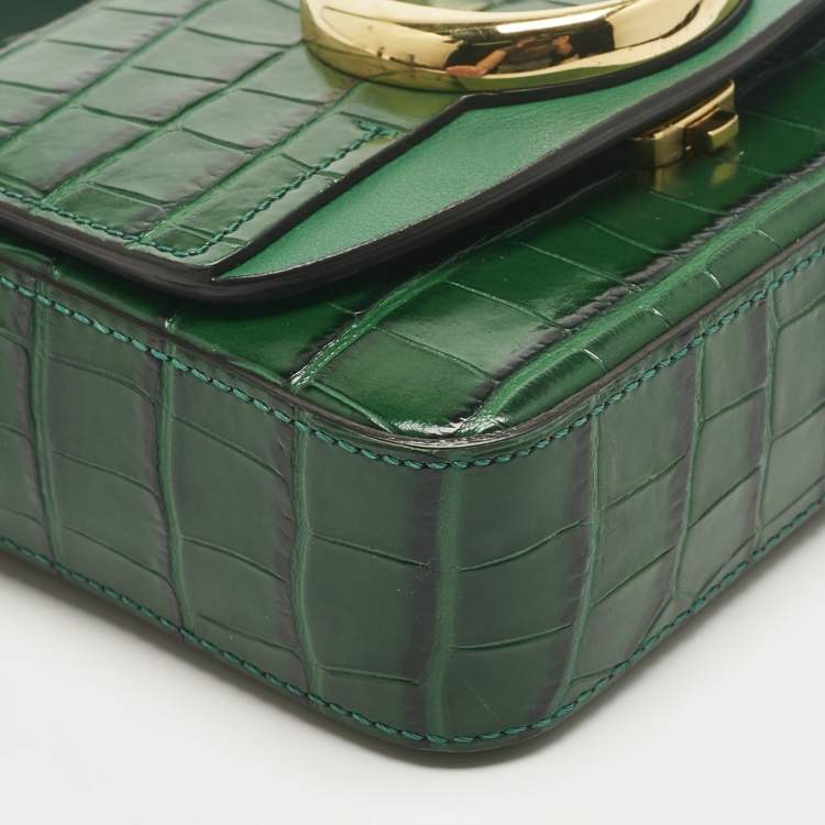 Pre Owned Chloe Green Croc Embossed Leather C Mini Crossbody Bag