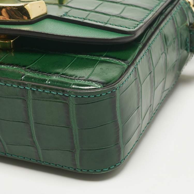 Pre Owned Chloe Green Croc Embossed Leather C Mini Crossbody Bag