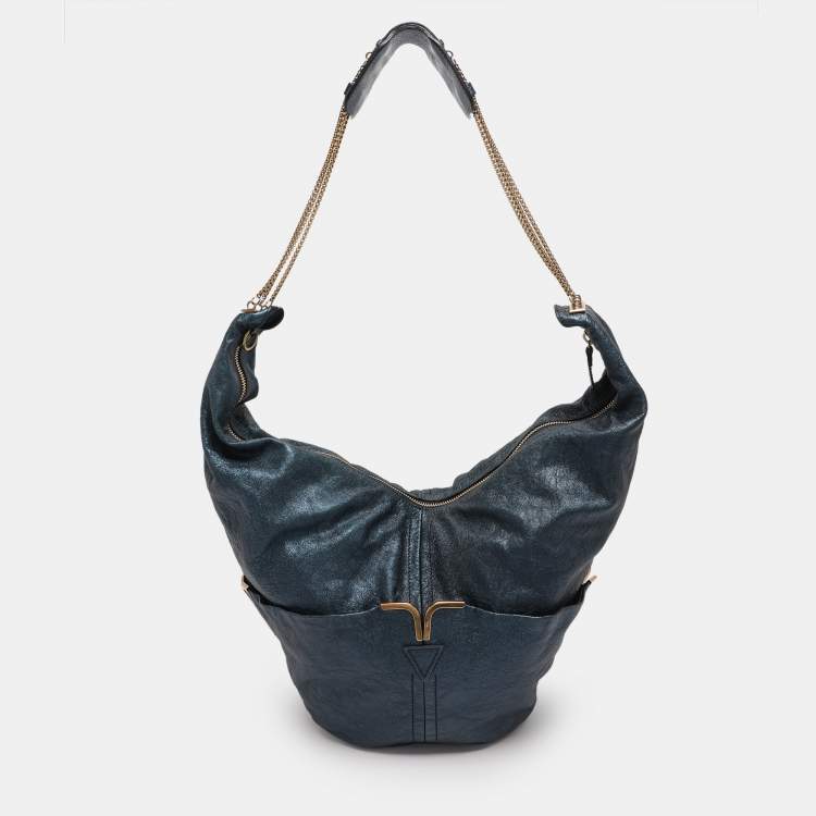 Pre Owned Chloe Metallic Blue Leather Milton Triple Chain Hobo