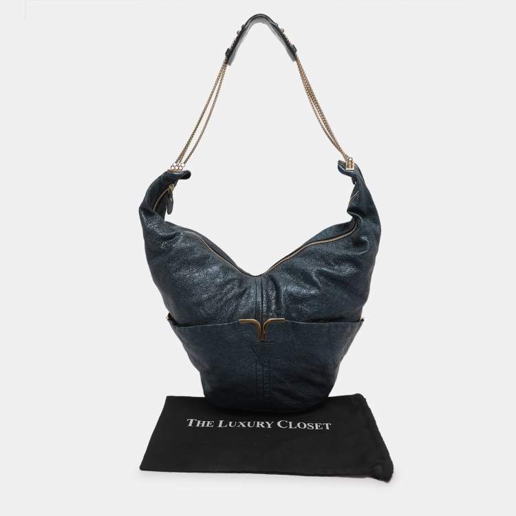 Pre Owned Chloe Metallic Blue Leather Milton Triple Chain Hobo