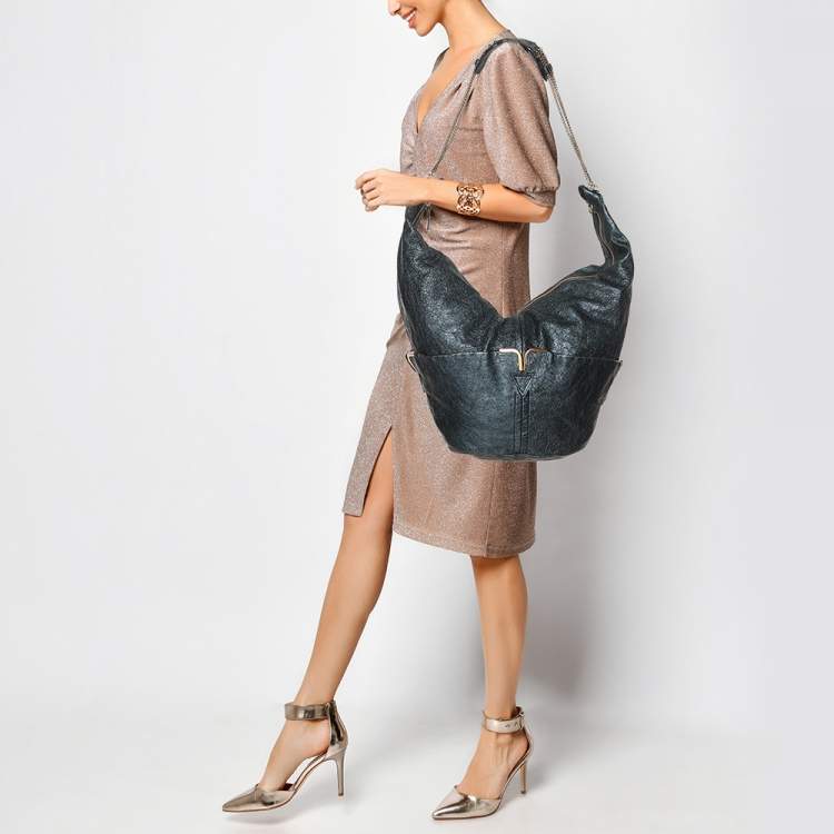 Pre Owned Chloe Metallic Blue Leather Milton Triple Chain Hobo