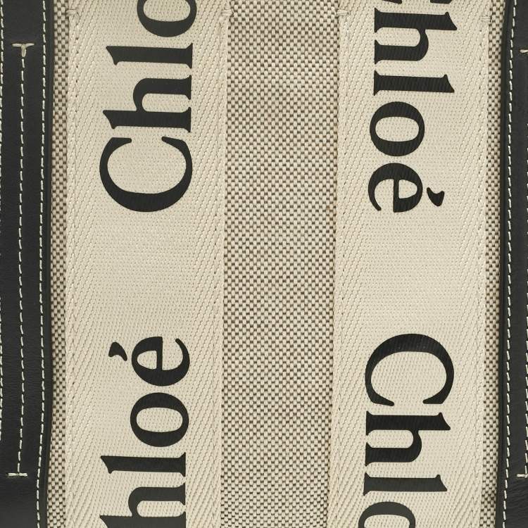 Pre Owned Chloé Beige/Black Canvas and Leather Small Woody Tote
