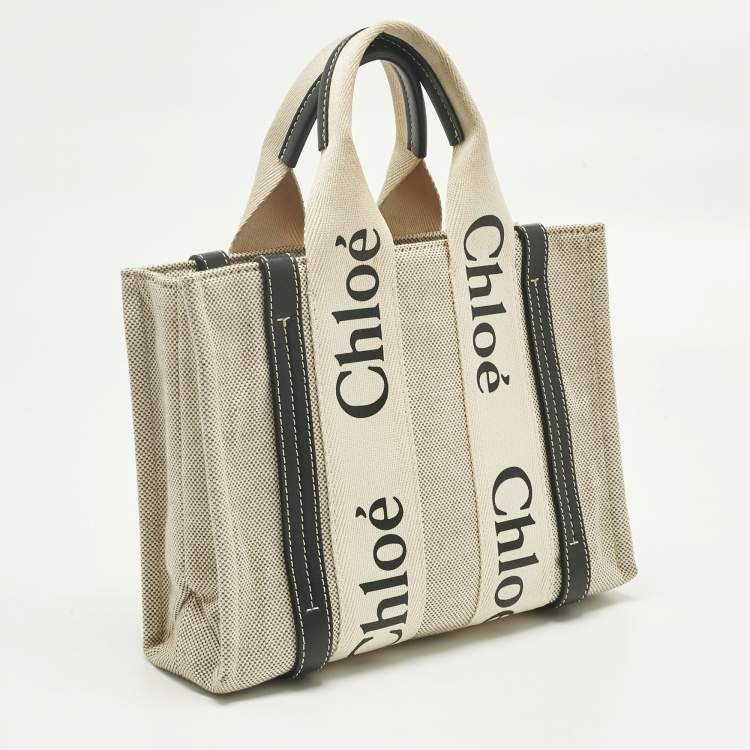 Pre Owned Chloé Beige/Black Canvas and Leather Small Woody Tote