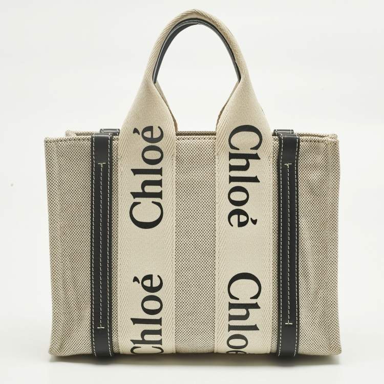 Pre Owned Chloé Beige/Black Canvas and Leather Small Woody Tote