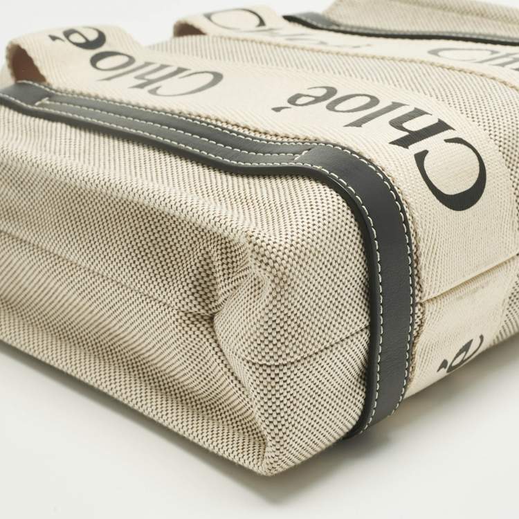 Pre Owned Chloé Beige/Black Canvas and Leather Small Woody Tote