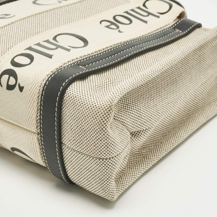 Pre Owned Chloé Beige/Black Canvas and Leather Small Woody Tote