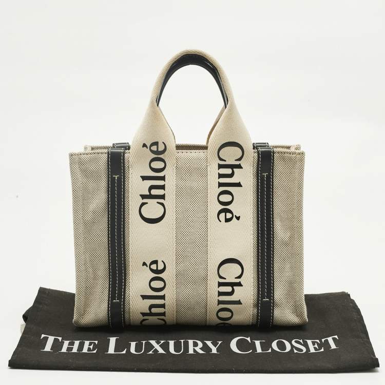 Pre Owned Chloé Beige/Black Canvas and Leather Small Woody Tote