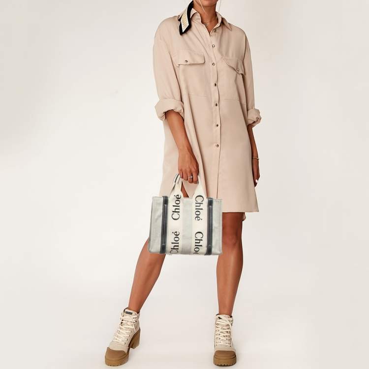 Pre Owned Chloé Beige/Black Canvas and Leather Small Woody Tote