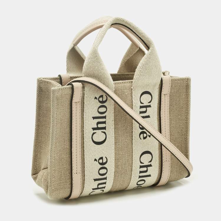 Pre Owned Chloé Pink/Beige Canvas and Leather Mini Woody Tote