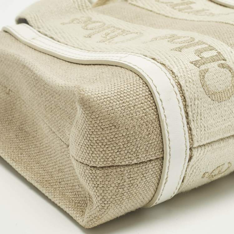 Pre Owned Chloe White/Beige Canvas Mini Woody Tote