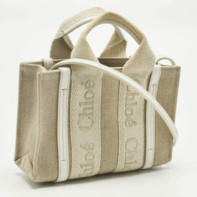 Pre Owned Chloe White/Beige Canvas Mini Woody Tote