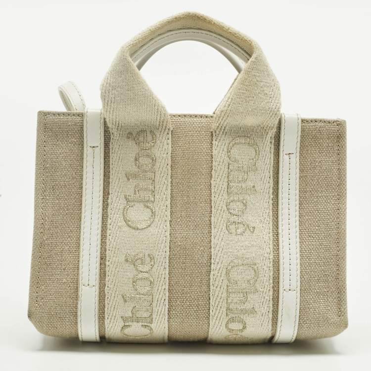 Pre Owned Chloe White/Beige Canvas Mini Woody Tote